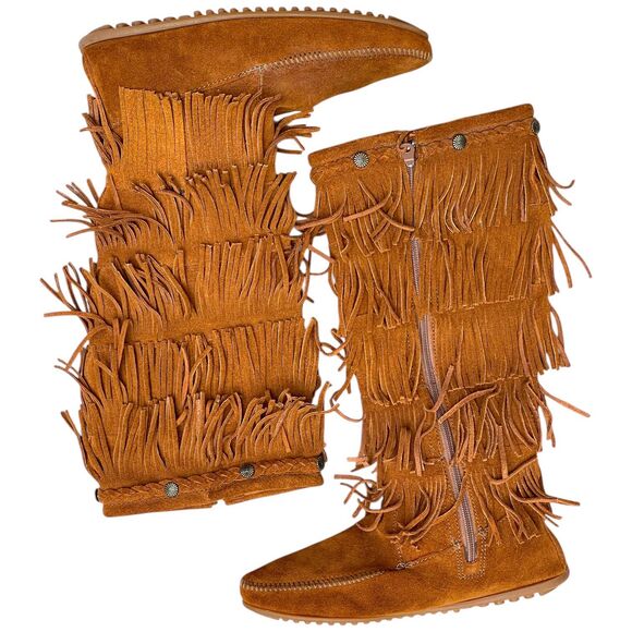 Minnetonka Women’s 5-Layer Fringe Suede Leather Tall Boots Brown Boho Size 11 - Picture 3 of 12